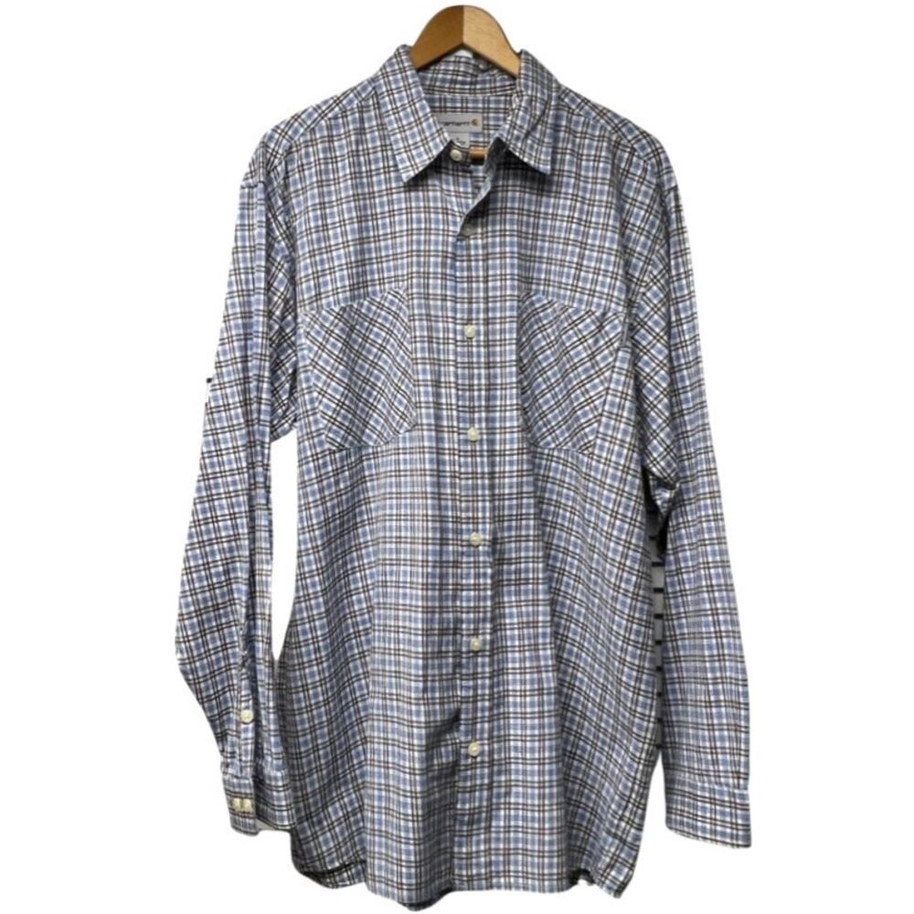 Carhartt Button Front Blue Brown Plaid 100% Cotton Long Sleeve Shirt Size Large